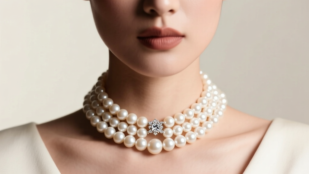 Editorial close-up of a model wearing a multi-strand Akoya pearl choker with a diamond clasp under soft studio lighting.