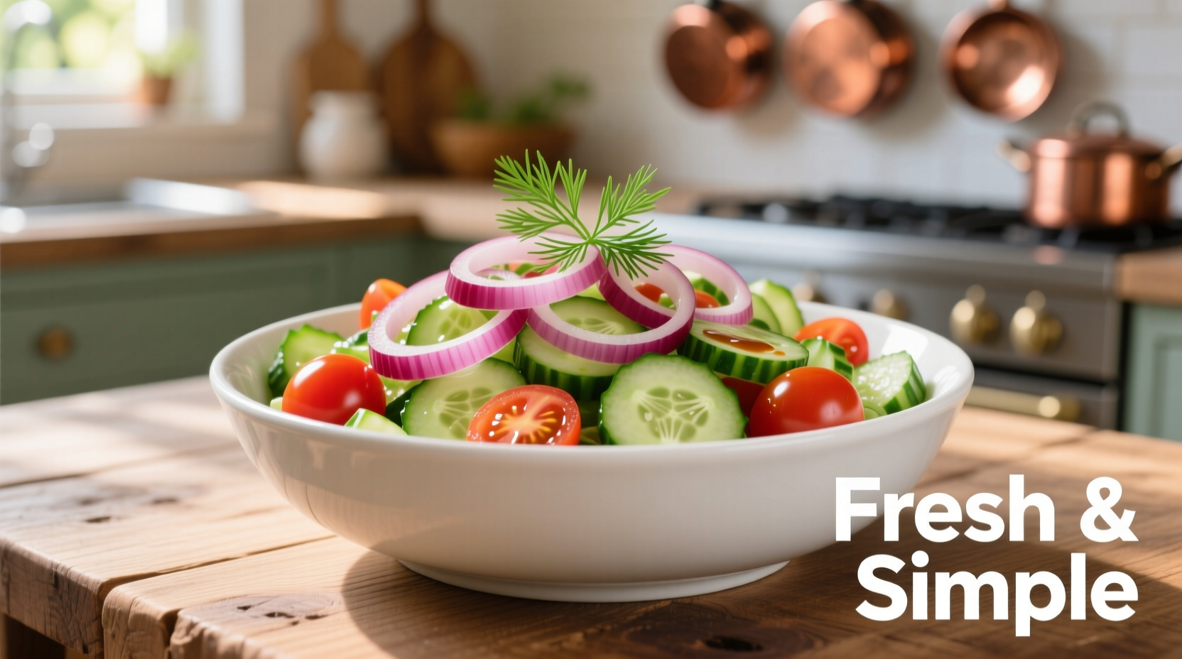 Fresh onion cucumber tomato salad in white bowl