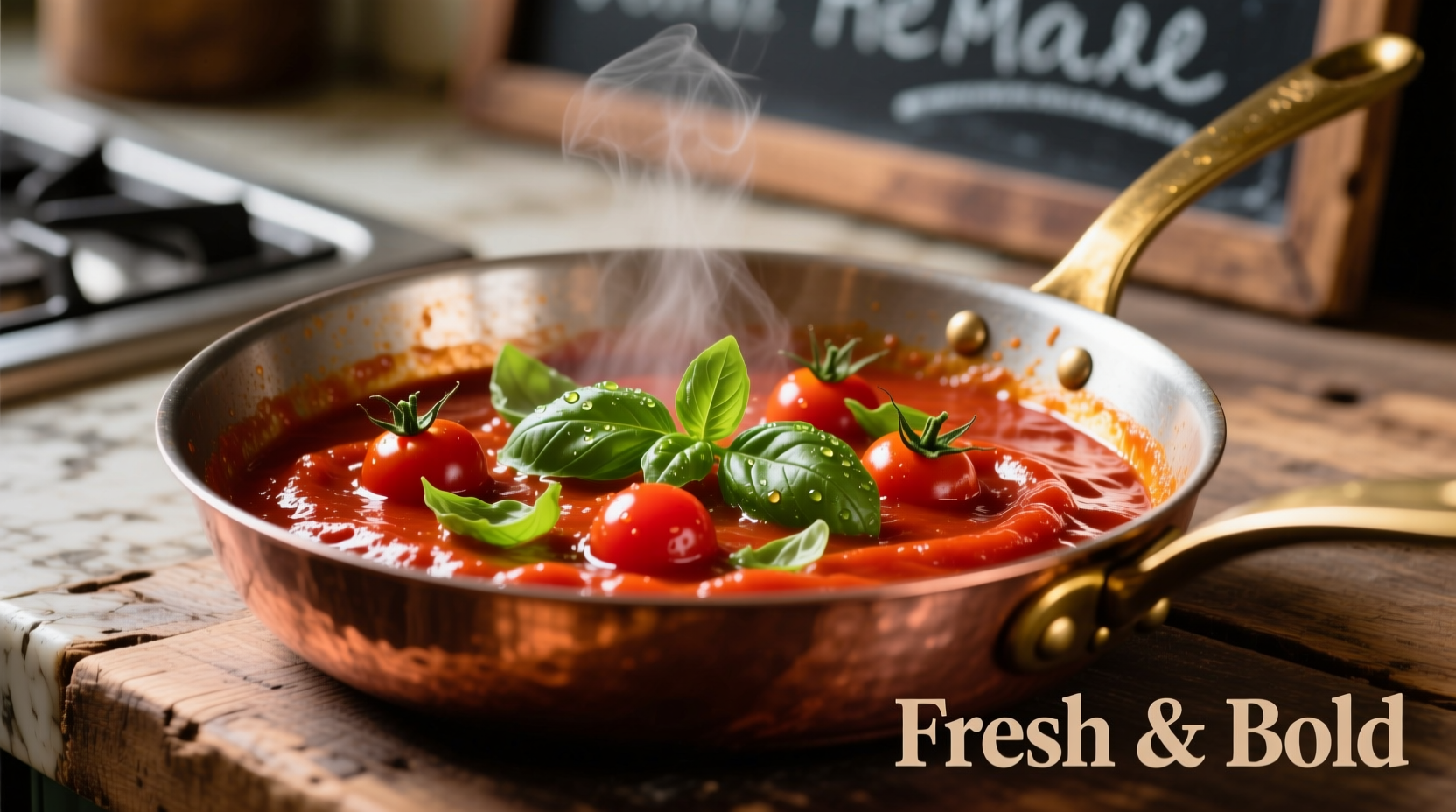 Vibrant cherry tomato sauce in copper pan with fresh basil