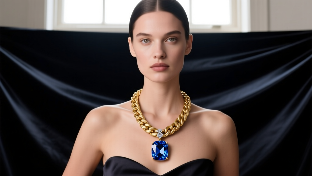 Editorial shot of a model wearing a 25-carat London blue topaz pendant on a thick gold wheat chain against a dark silk backdrop