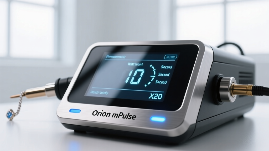 Close-up of the Orion mPulse permanent jewelry welder control panel displaying digital watt-second settings in a modern studio