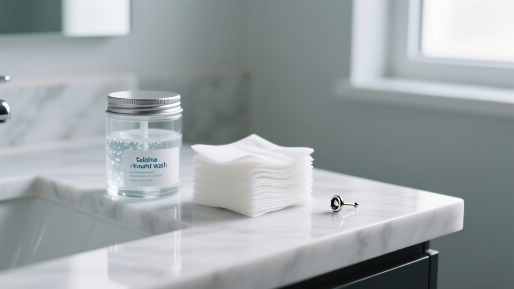 Sterile saline wound wash canister and clean gauze pads on a white marble bathroom counter next to a small titanium earring stud.