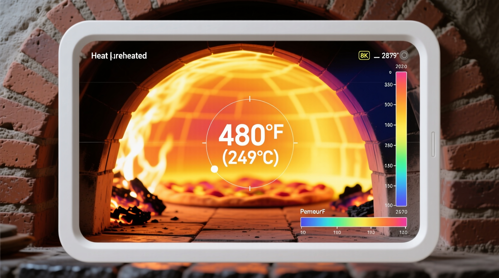 Infrared thermometer showing proper heat distribution in completed pizza oven