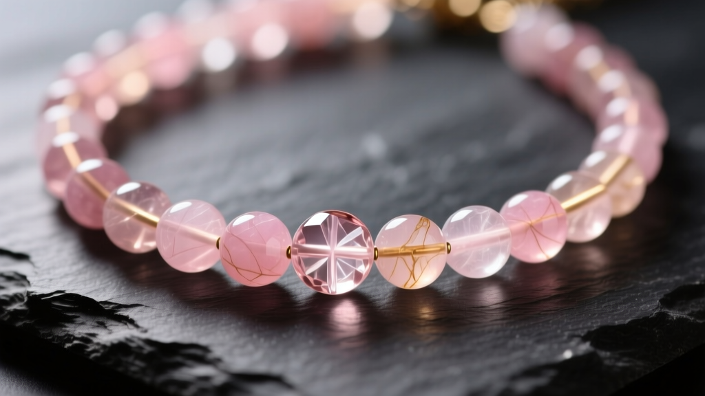 Macro shot of AAA-grade 8mm translucent rose quartz necklace beads resting on dark slate under soft, diffused studio lighting.