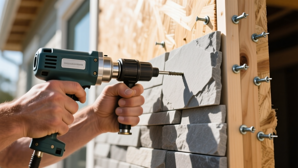 Close-up of hands using a pneumatic nail gun to secure interlocking nailable stone veneer panels onto exterior plywood sheathing