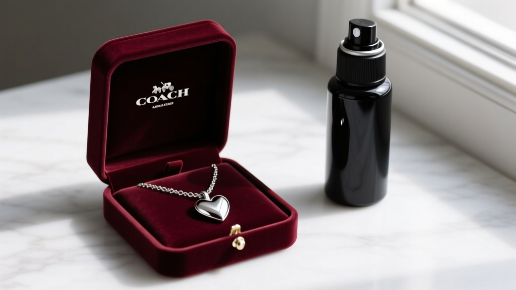 Silver-tone Coach heart necklace resting inside a velvet jewelry box, kept away from a nearby bottle of aerosol hairspray.