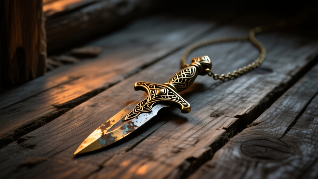Weathered brass Kandarian dagger pendant necklace resting on a rustic wooden cabin floor under moody, cinematic low-key lighting.
