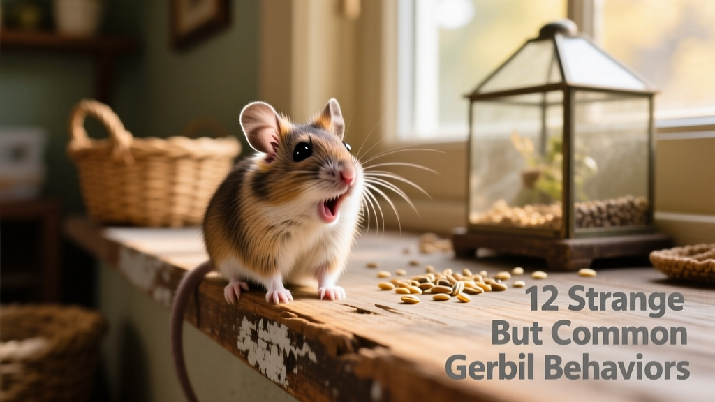 Gerbil perched on a ledge, mouth slightly open mid-squeak, with ears forward and alert