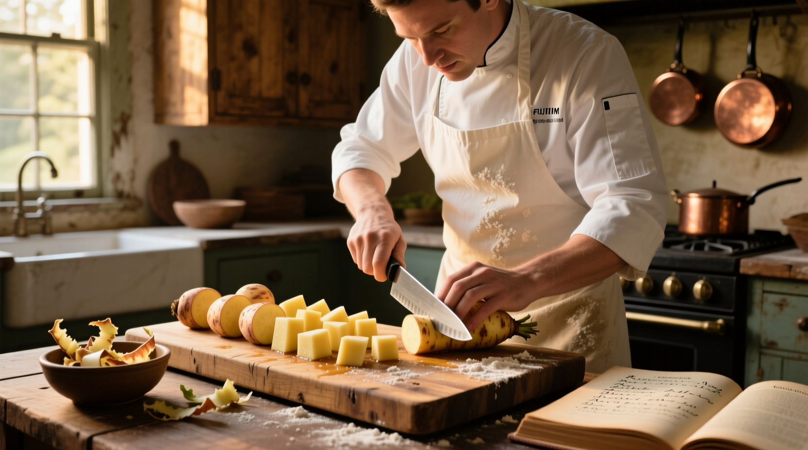 Chef preparing rutabaga cubes on wooden cutting board