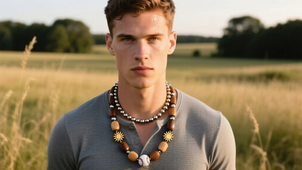 Portrait of an athlete wearing a 24-inch maple and steel baseball beads necklace over a grey henley in soft natural outdoor light.