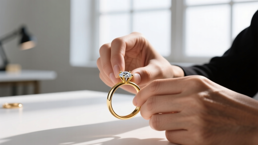 Jeweler's loupe on velvet next to vintage 14k gold omega-back earrings, highlighting the intricate clasp mechanism and wear.