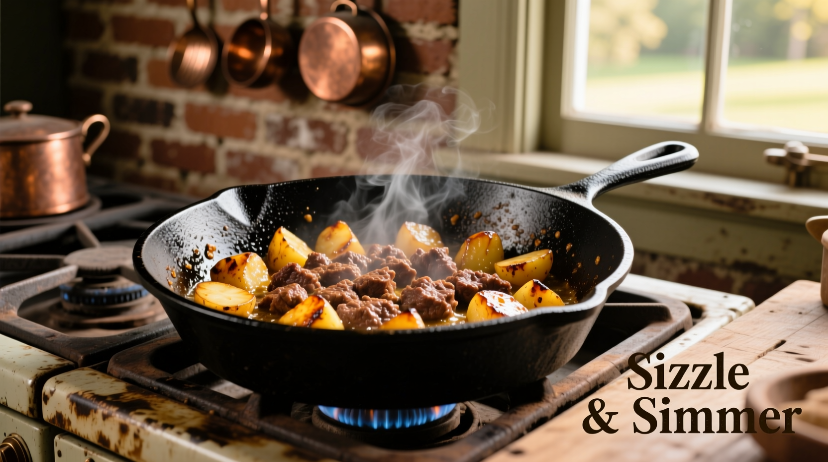 Cast iron skillet with sizzling ground beef and potatoes