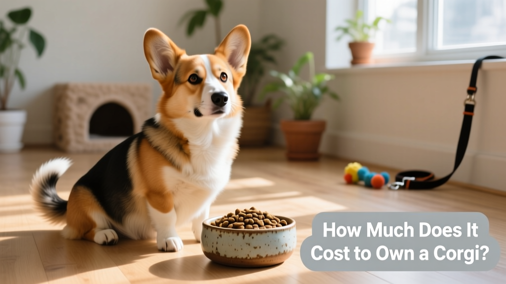 a corgi sitting attentively beside a bowl of kibble, looking eager and healthy