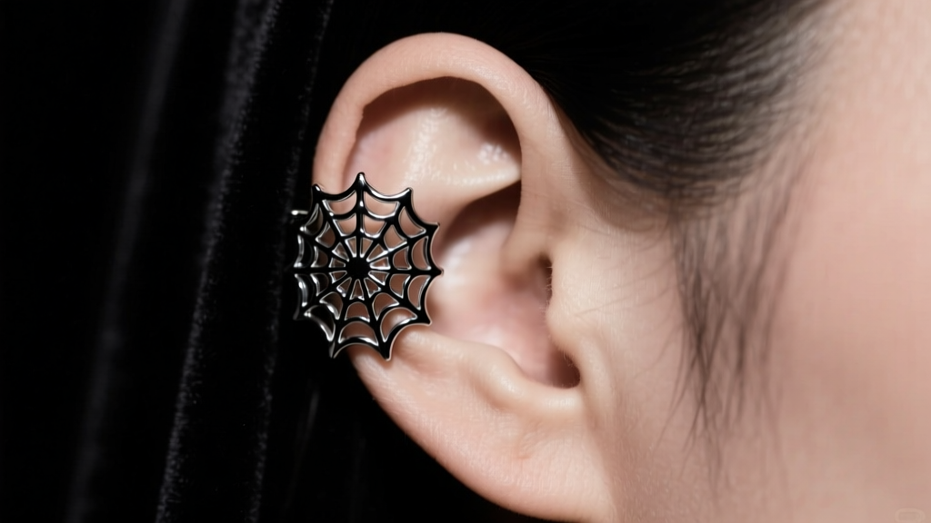 Close-up of a black rhodium spiderweb ear cuff wrapping around the helix, moody studio lighting against a dark velvet background.