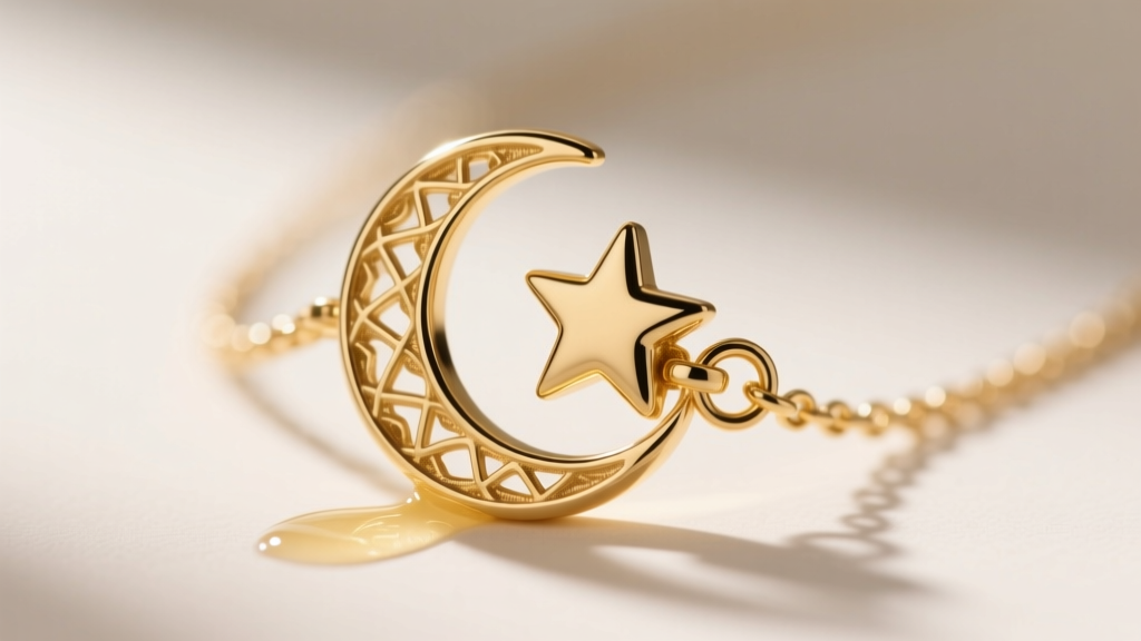 Macro shot of a gold vermeil crescent moon star necklace clasp, revealing minor skin oil buildup near the delicate metal jump ring