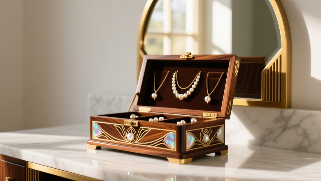 Art Deco vintage jewelry organizer in walnut and pearl inlay on a marble vanity, illuminated by soft morning sunlight rays