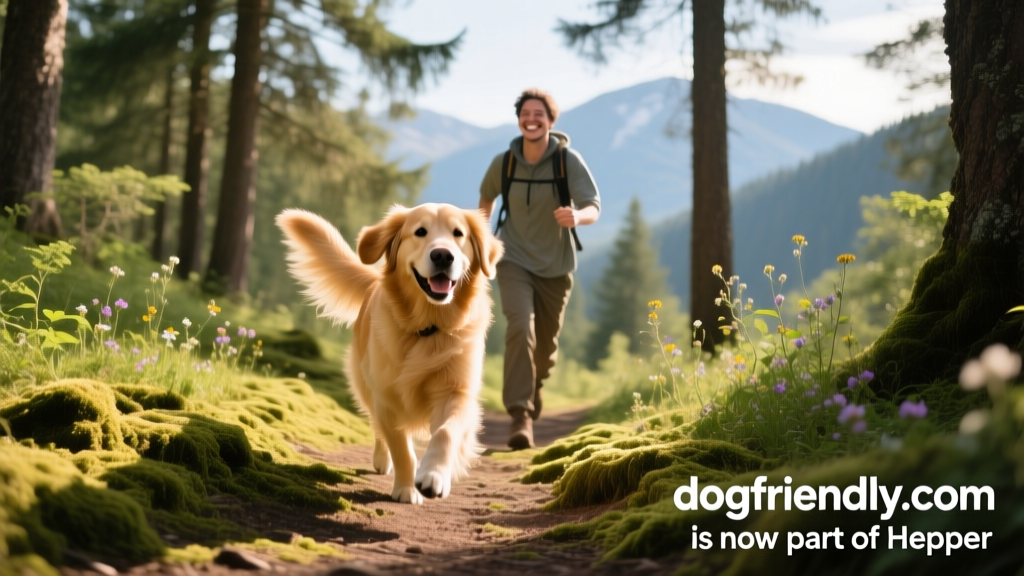 Happy dog hiking on a scenic trail with owner