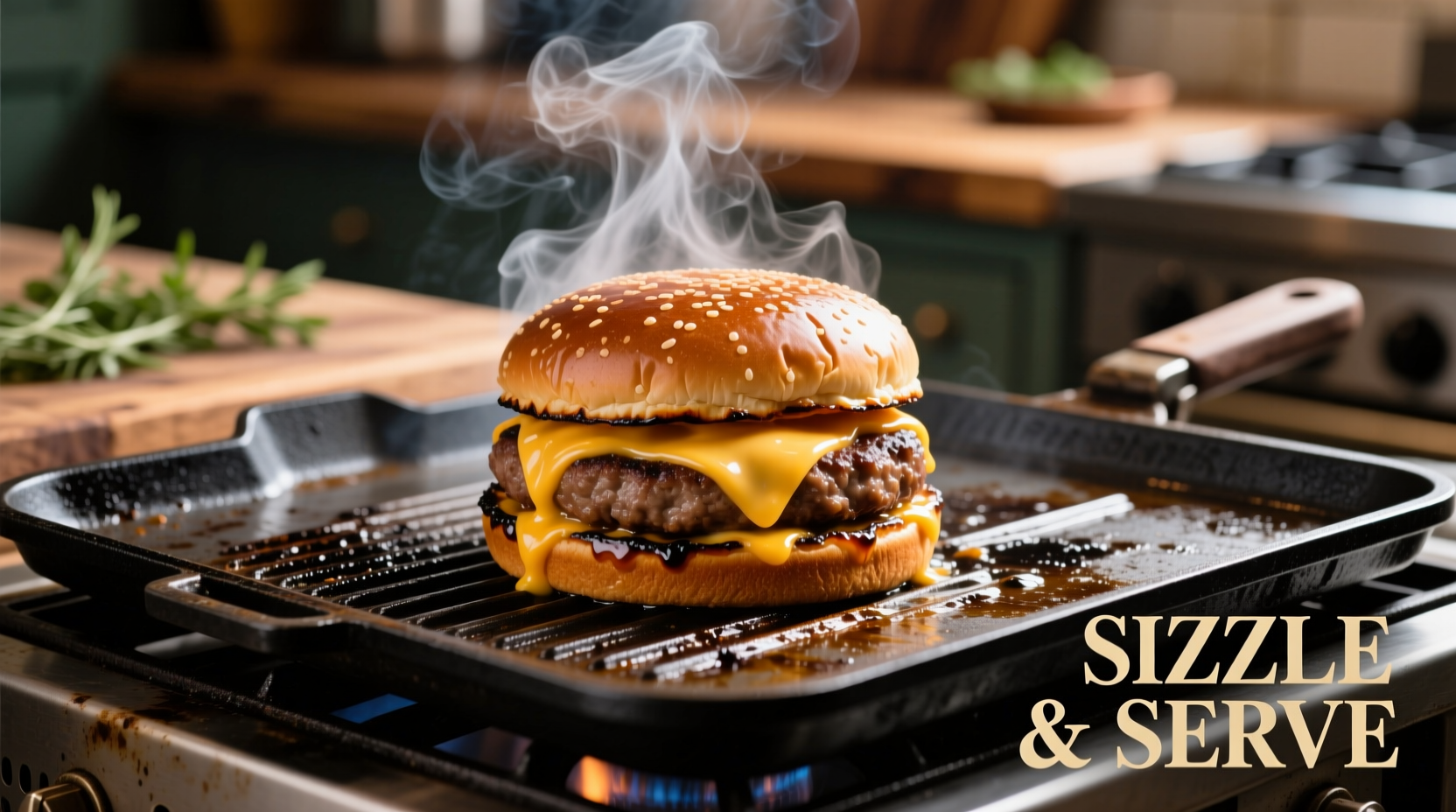 Juicy burger cooking on Blackstone griddle