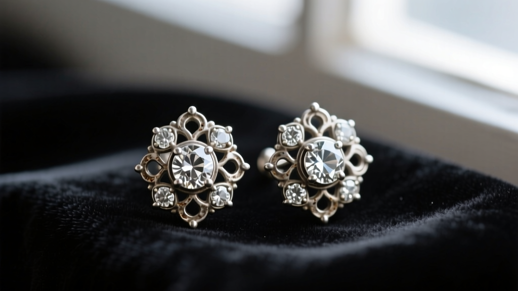 Macro shot of Victorian antique pierced earrings with rose-cut diamonds set in tarnished silver, resting on dark velvet fabric