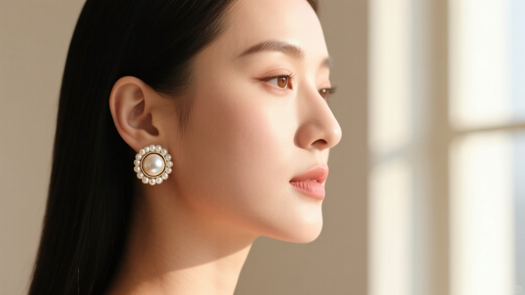 Side profile of a woman wearing a large pearl button earring that sits perfectly flush against the earlobe without drooping.