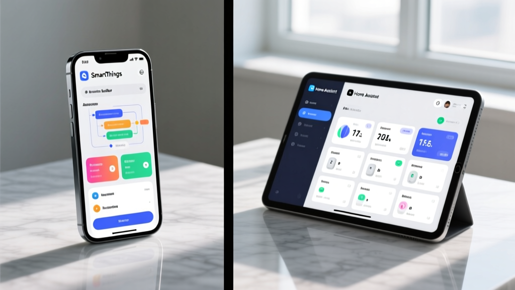 Split screen showing the SmartThings app automation builder on a smartphone next to a Home Assistant dashboard on a tablet