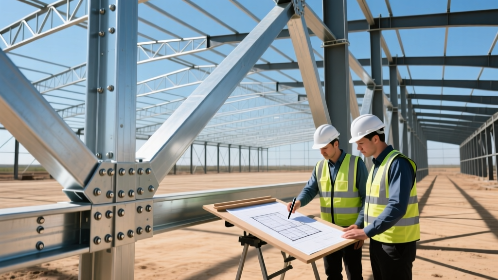Galvanized light gauge steel roof trusses bolted together on a commercial site with engineers reviewing structural blueprints.
