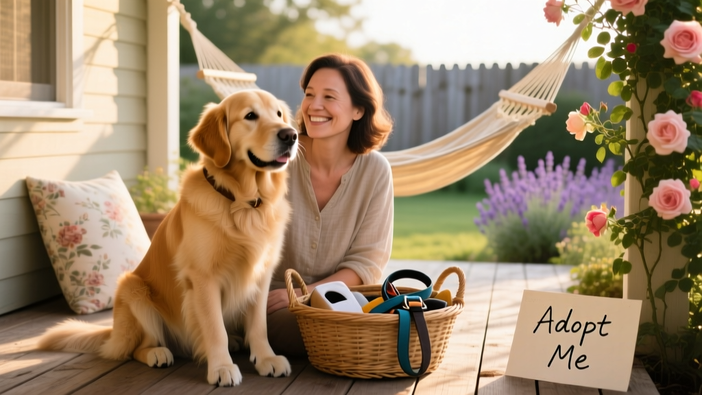A calm, friendly dog sitting beside a smiling person on a sunny porch