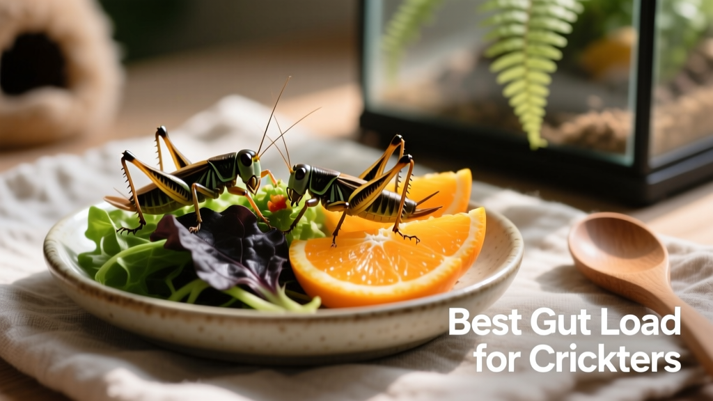Close-up of crickets actively eating dark leafy greens and orange slices in a shallow dish