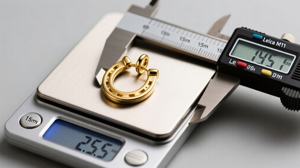 Digital scale showing a 2.5 gram 14k gold horseshoe charm beside a caliper measuring its 15mm width under bright studio lighting.