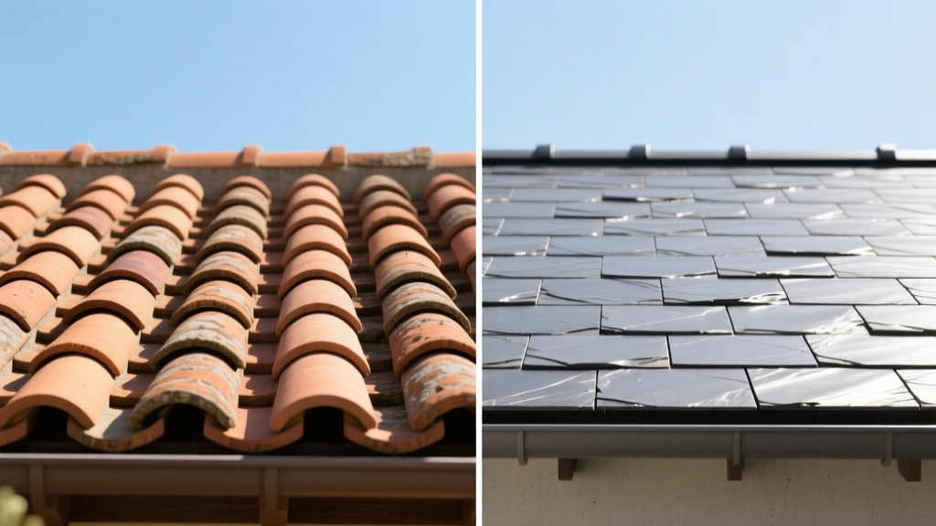 Split-screen render showing a terracotta clay tile roof on the left and a slate-gray concrete tile roof on the right under bright sunlight