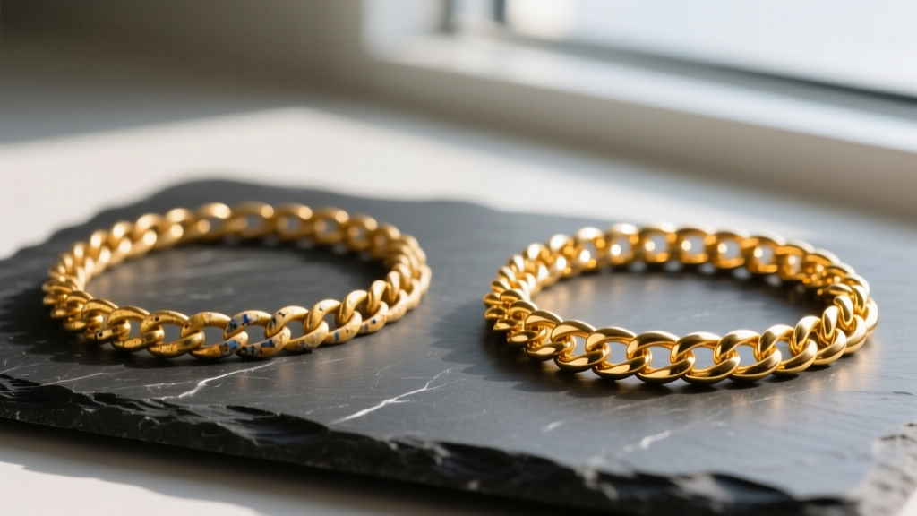 Side-by-side view of a faded gold-plated chain and a bright 18k gold vermeil chain resting on a dark slate jewelry testing surface