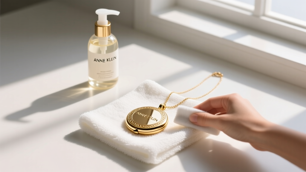 Flat lay of care supplies with a microfiber cloth, mild soap, and an Anne Klein gold-tone locket necklace being gently polished.