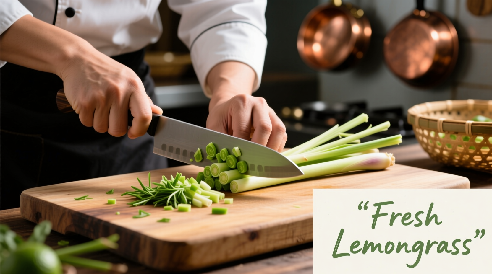 Chef mincing fresh lemongrass stalks on cutting board