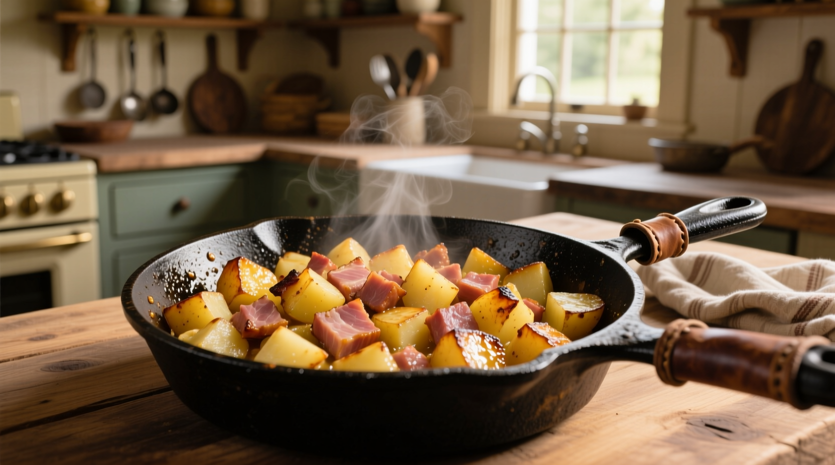 Golden brown ham and potato hash in cast iron skillet