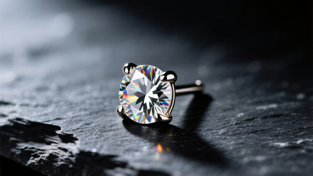 Macro shot of a 3mm round diamond stud in a 14k white gold four-prong setting on dark slate under soft directional lighting.