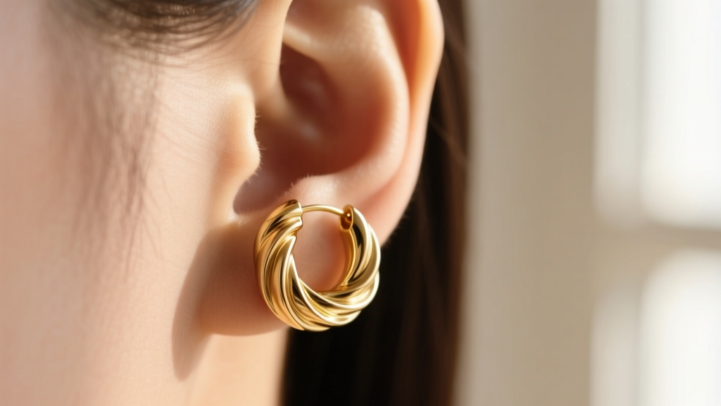 Close-up of 14k solid gold swirl huggie earrings on a lower earlobe, soft natural lighting highlighting the polished metal texture.
