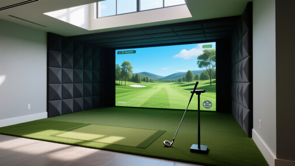 Modern basement golf simulator setup with a glowing impact screen displaying a virtual fairway, dark acoustic wall panels, and premium turf