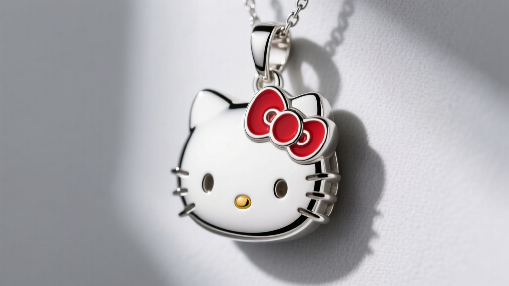 Macro shot of a 925 sterling silver Hello Kitty pendant, highlighting the crisp red enamel bow and precise rhodium plating edge.