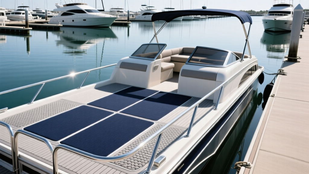 Pontoon boat deck showing gray woven marine vinyl and navy marine carpet, docked at a marina with chrome railings reflecting water