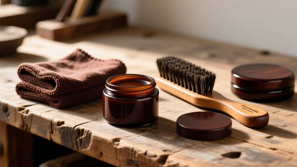 Mahogany care supplies: carnauba paste wax, microfiber cloths, and a horsehair brush resting on a rustic wooden workbench surface.