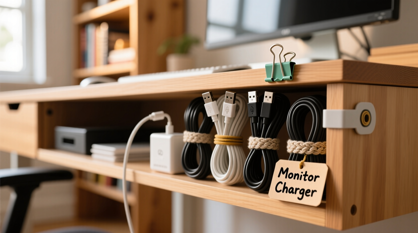 how to organize cords behind your desk without buying fancy organizers