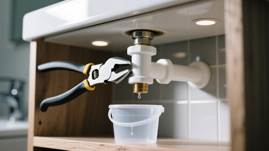 Slip-joint pliers gripping a white PVC P-trap slip nut under a bathroom vanity, small plastic bucket positioned below