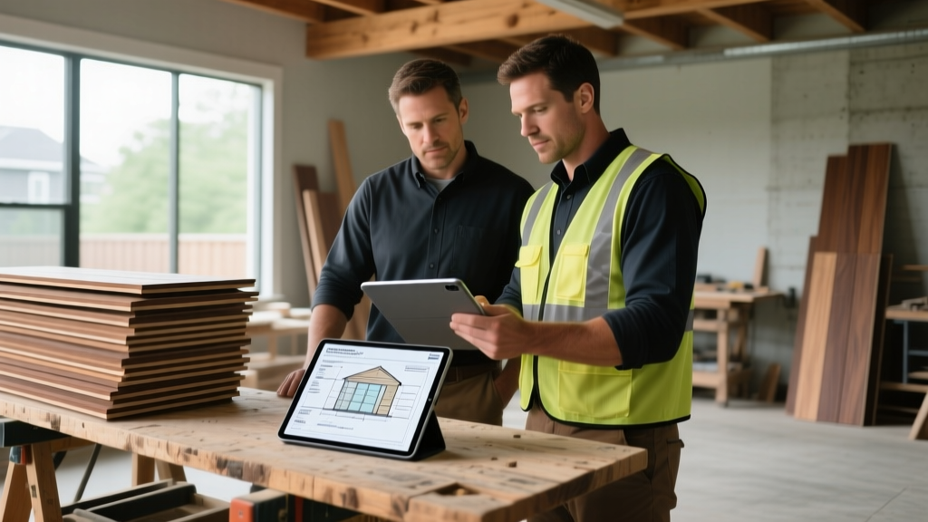 Homeowner and contractor reviewing deck construction cost estimate blueprint on tablet next to stacked composite decking boards