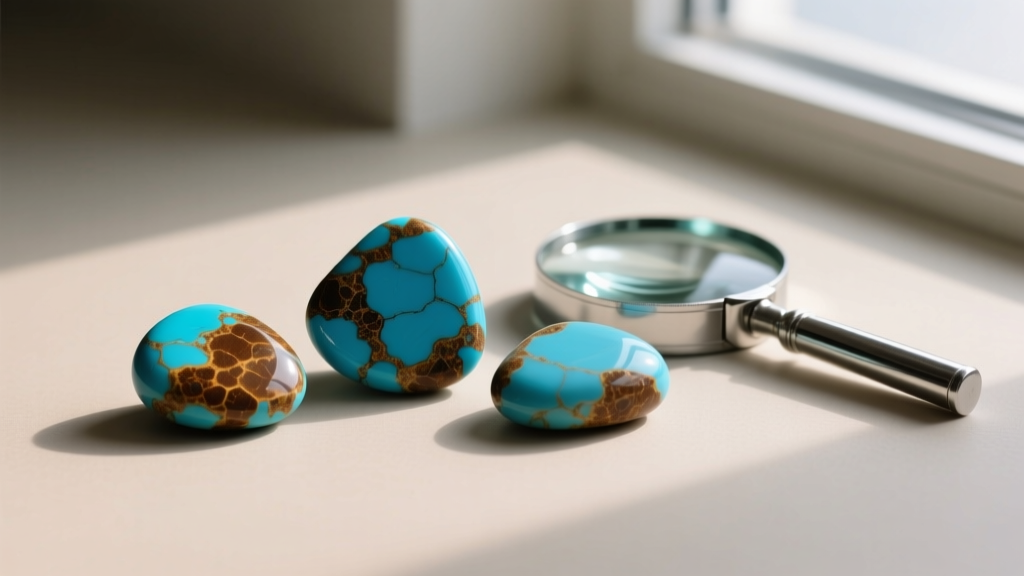 Three loose Royston turquoise cabochons showing varying grades of brown limonite matrix, placed beside a silver jeweler's loupe.