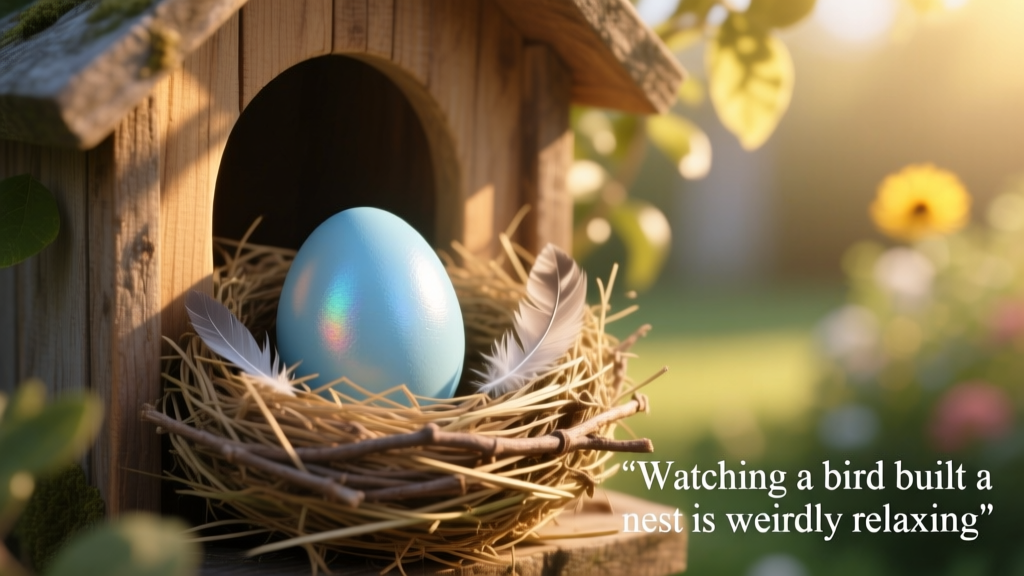 Close-up of a freshly laid blue egg inside a neatly built nest