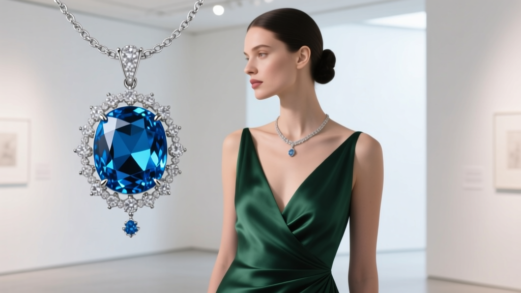 Woman in a deep green silk V-neck gown showcasing a large London blue topaz and diamond pendant under soft gallery lighting