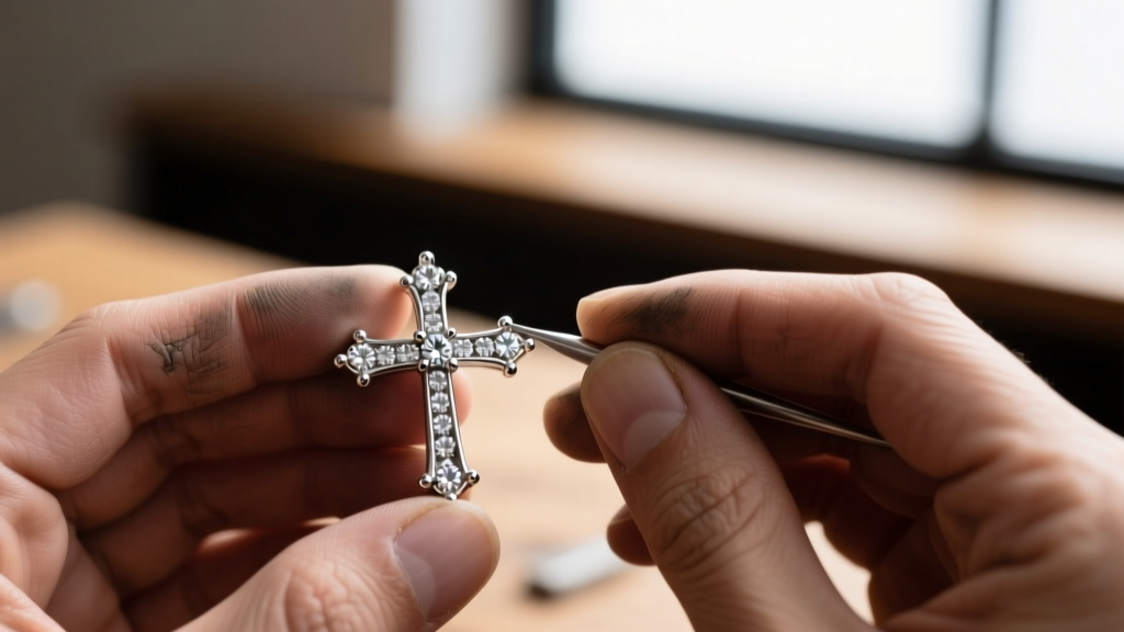Macro photography of a jeweler examining tiny melee diamonds set in a platinum cross pendant, revealing the intricate bead prongs