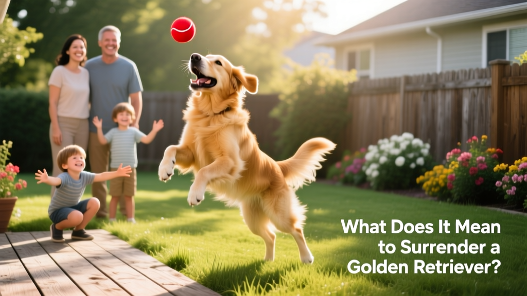 A happy Golden Retriever playing fetch in a sunlit backyard with a smiling family