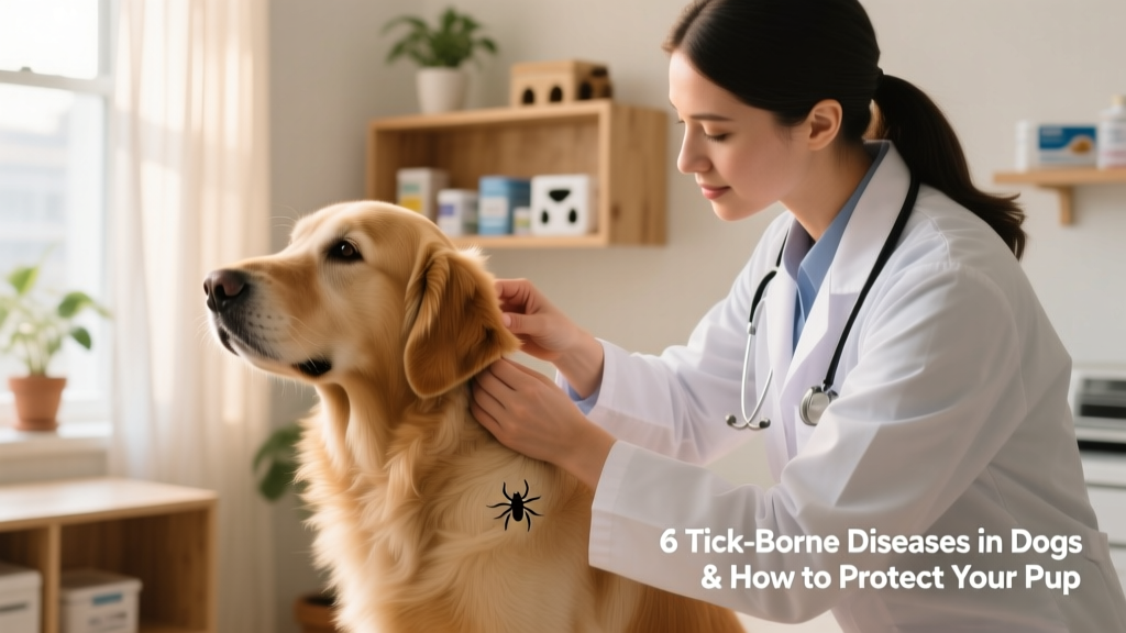 Veterinarian gently checking a dog's ear and armpit—common places ticks hide—during a routine exam
