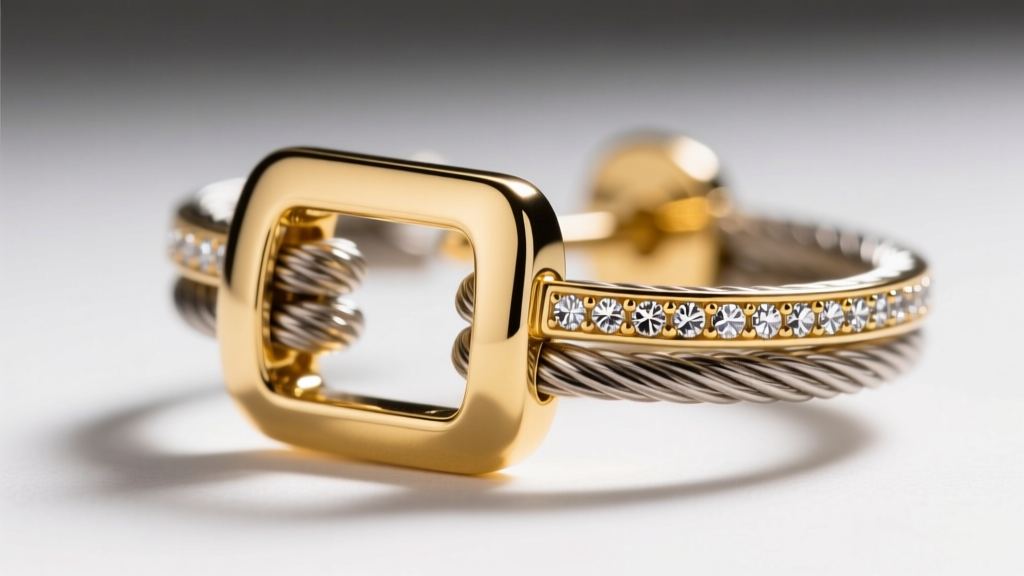 Close-up of a Fred Paris Force 10 earring showing 18k yellow gold buckle clasp, woven steel cable, and micro-pave diamond accents.